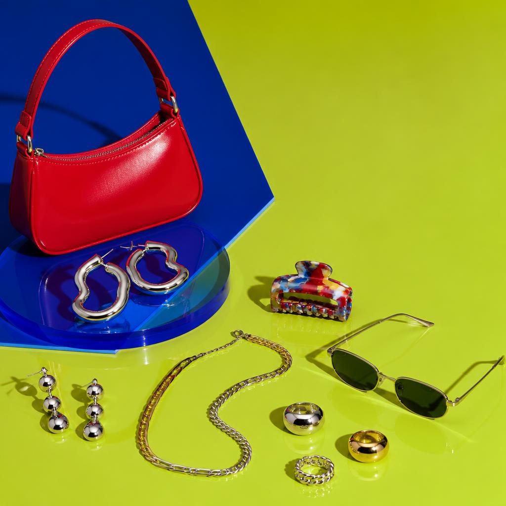 Jewellery, purses and shoes arranged for Jharva Fashion